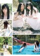 A collage of photos of a woman in a white dress in a pool.