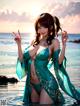 A woman in a green bikini standing in the water.